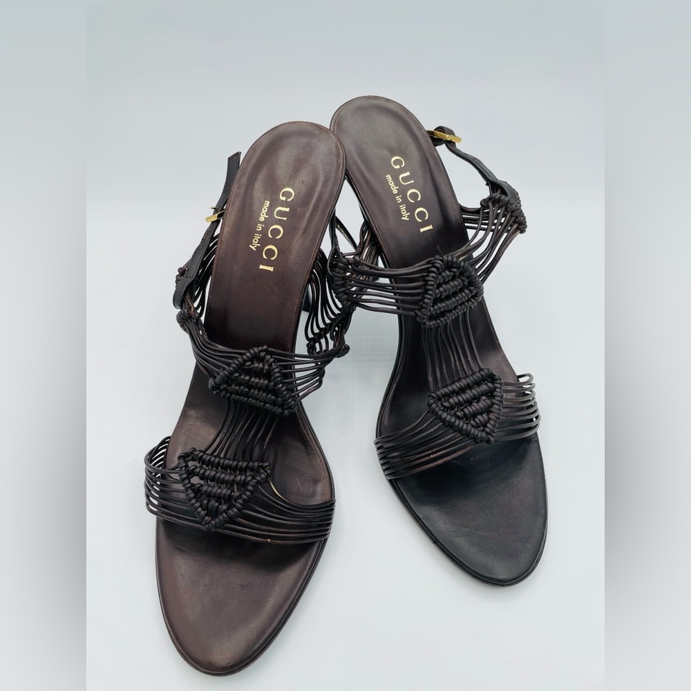 Authentic Vintage Brown Leather GUCCI High Heels Sandals Strapy 7.5 B